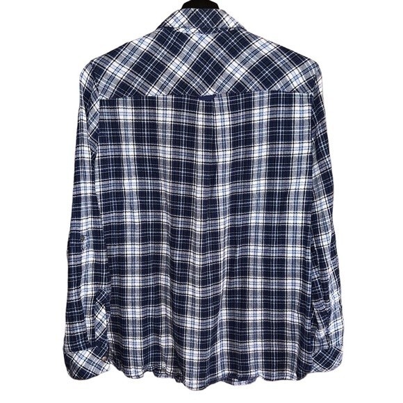 Kut From The Kloth Blue Plaid Snap Front Roll Tab Shirt Top Size L - Picture 4 of 13